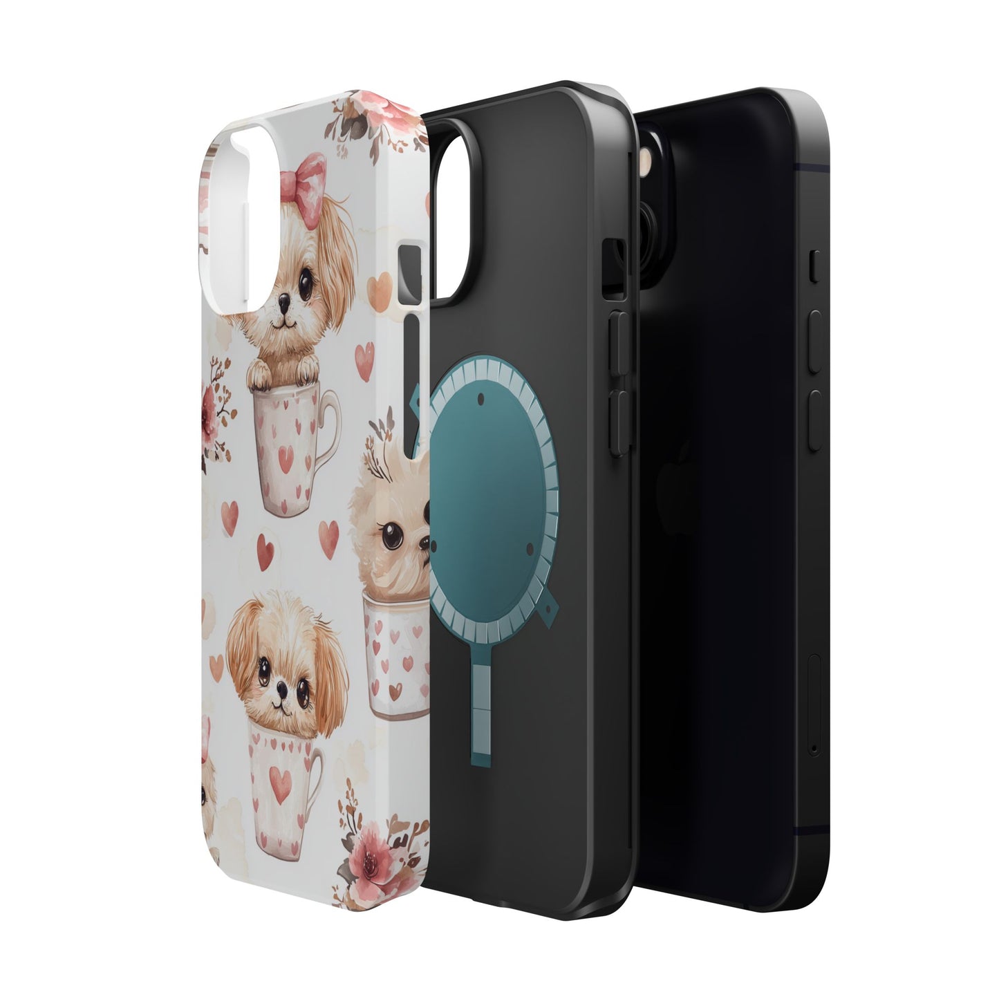 Cute Puppies in Heart MagSafe iPhone Case – Adorable Dog & Floral Design, Shockproof & Slim