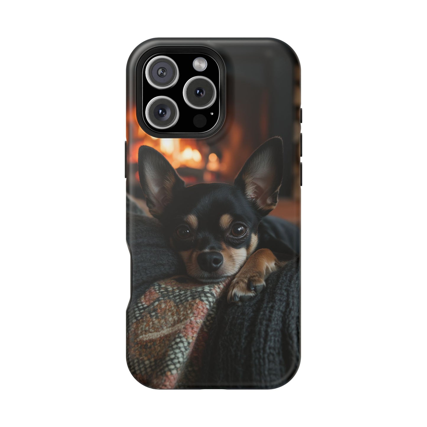 Cozy Chihuahua Fireplace MagSafe iPhone Case – Elegant and Functional Design