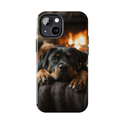 Cozy Rottweiler by the Fireplace iPhone Case – Warm Rustic Design