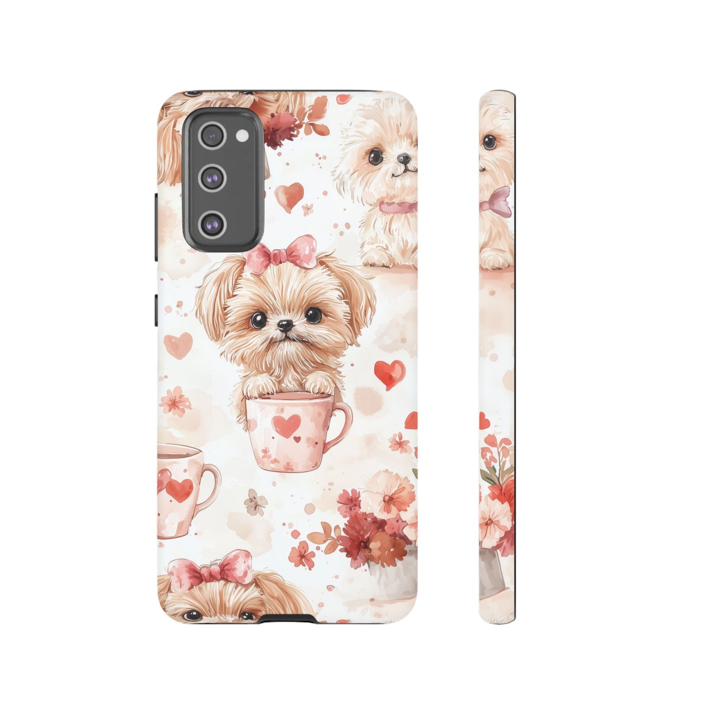 Puppies & Heart Mugs Samsung Galaxy Case – Sweet Dog & Floral Design, Shockproof & Slim