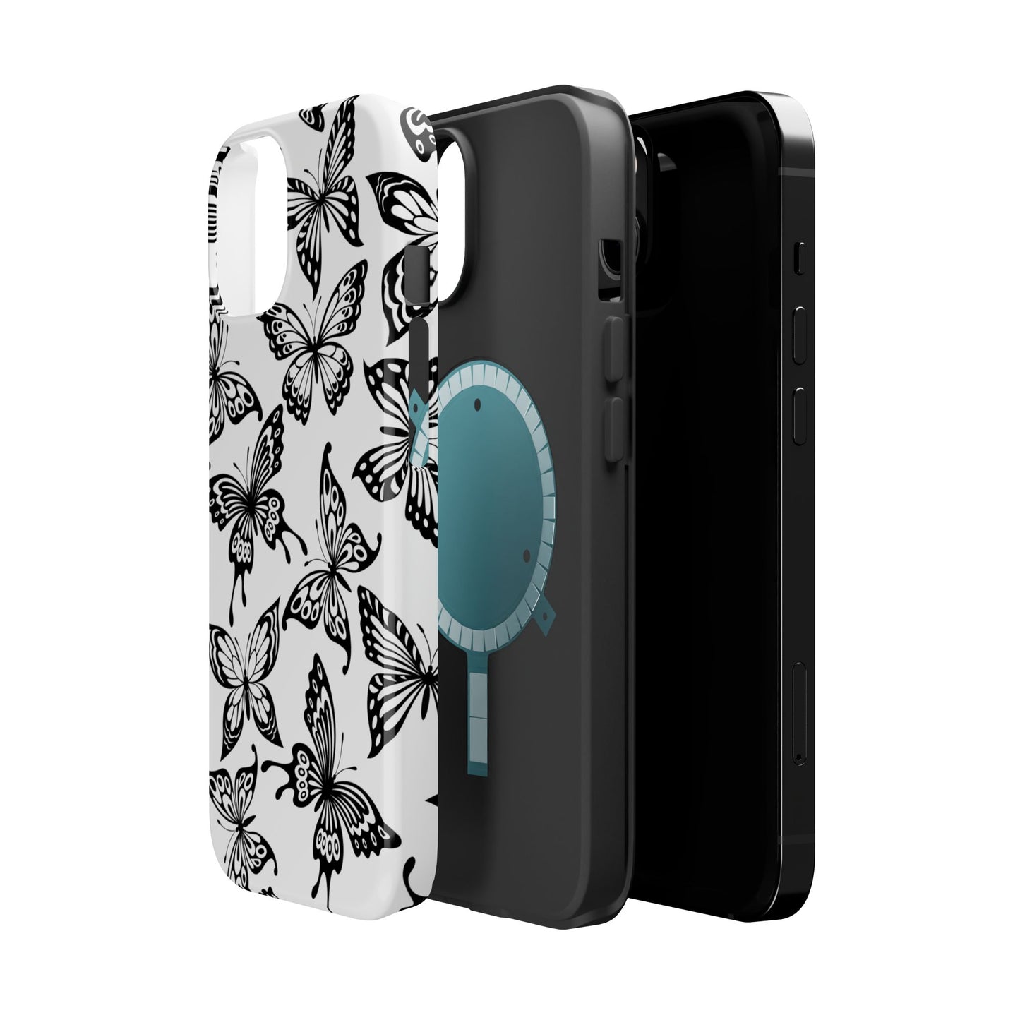 Monochrome Butterfly Pattern Tough MagSafe Case – Dual-Layer Protection with Matte Finish