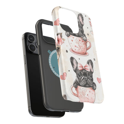 French Bulldogs in Teacups MagSafe iPhone Case – Cute Dog Design with Hearts & Bows, Shockproof & Slim