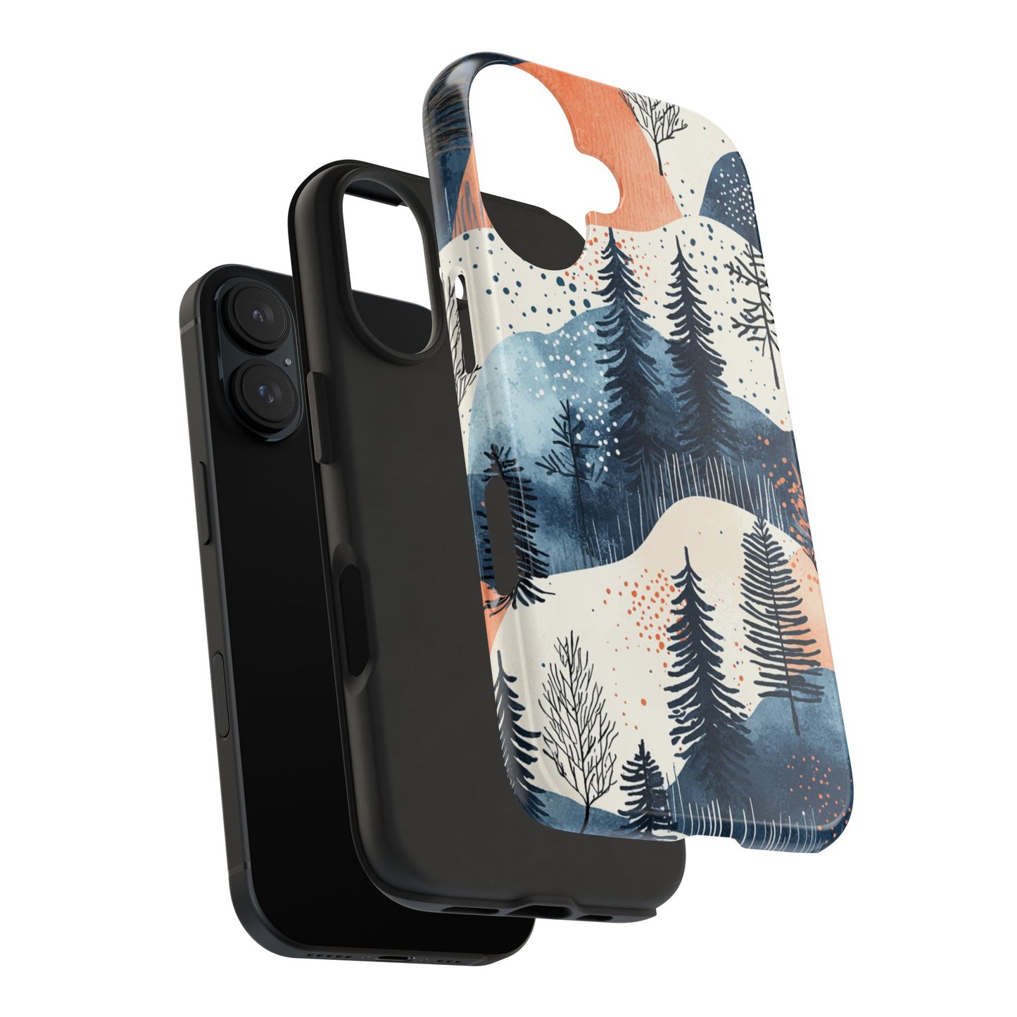 Serene Winter Forest iPhone Case – Tough Protective Cover with Watercolor Pine Tree Covered Mountains - BOGO Cases