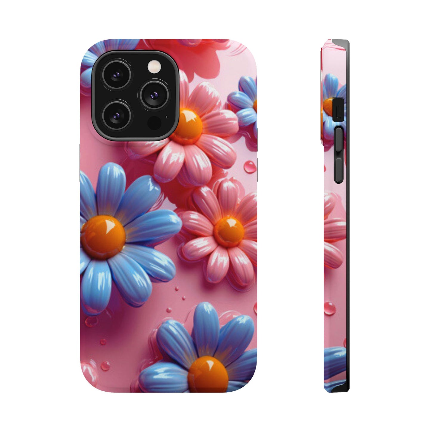 Pastel Daisy 3D MagSafe iPhone Case – Glossy Pink and Blue Floral Design, Full Protection