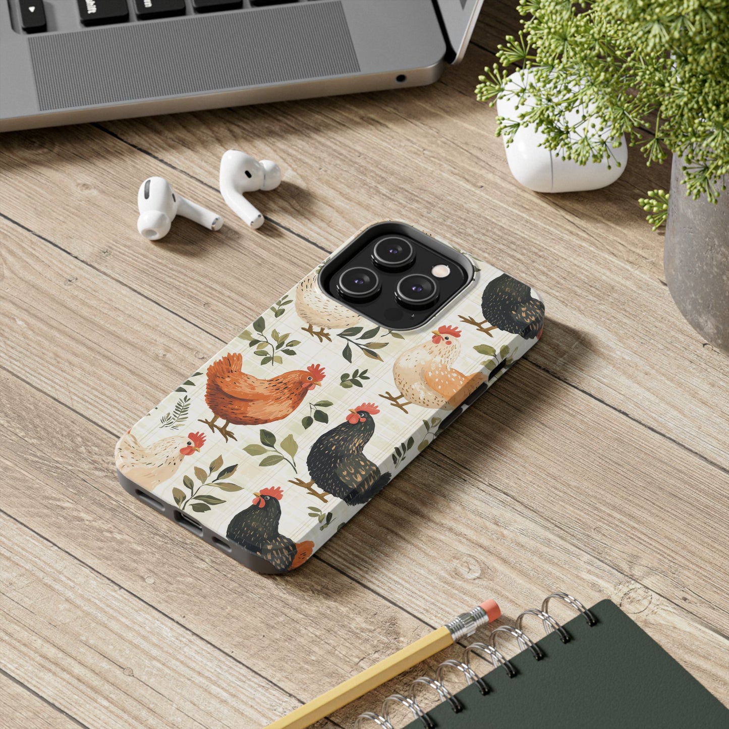 iPhone Case: Vintage Chicken Farmhouse Case – Rustic Leaves Design