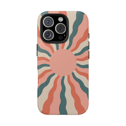 Retro Sunburst iPhone Case – Bold 70s-Inspired Waves in Coral, Teal, and Cream