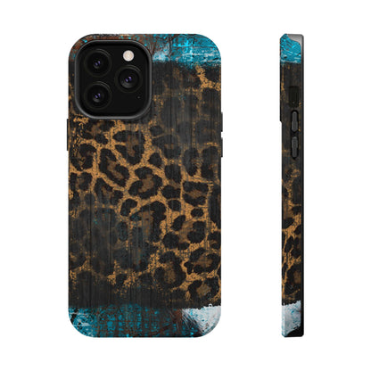 Boho Leopard and Turquoise Tough MagSafe iPhone Case – Rustic Western Design with Dual-Layer Protection