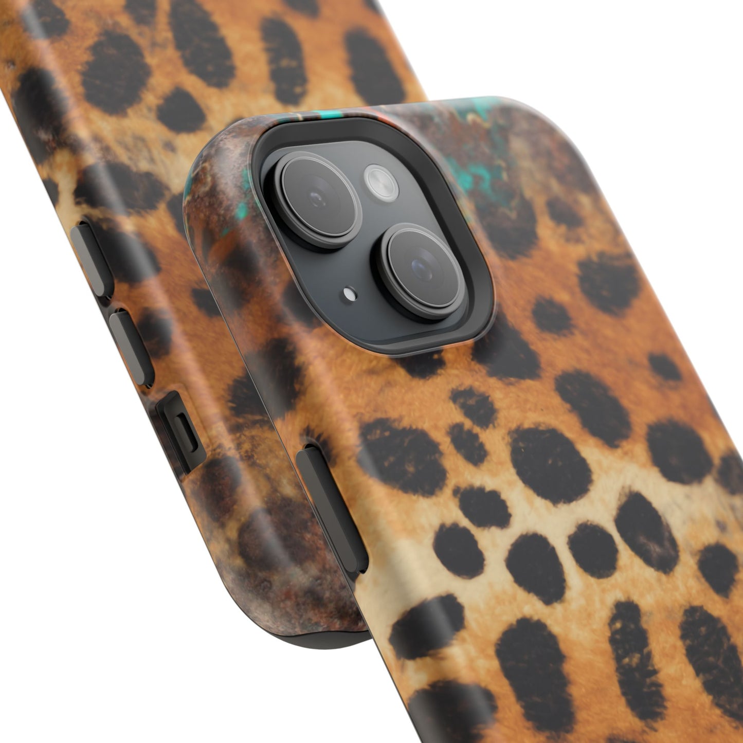 Rustic Leopard Print Tough MagSafe iPhone Case – Distressed Turquoise and Animal Pattern with Dual-Layer Protection