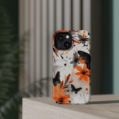 Orange Blossom & Black Butterfly MagSafe iPhone Case – Bold Floral Pattern with Modern Abstract Style