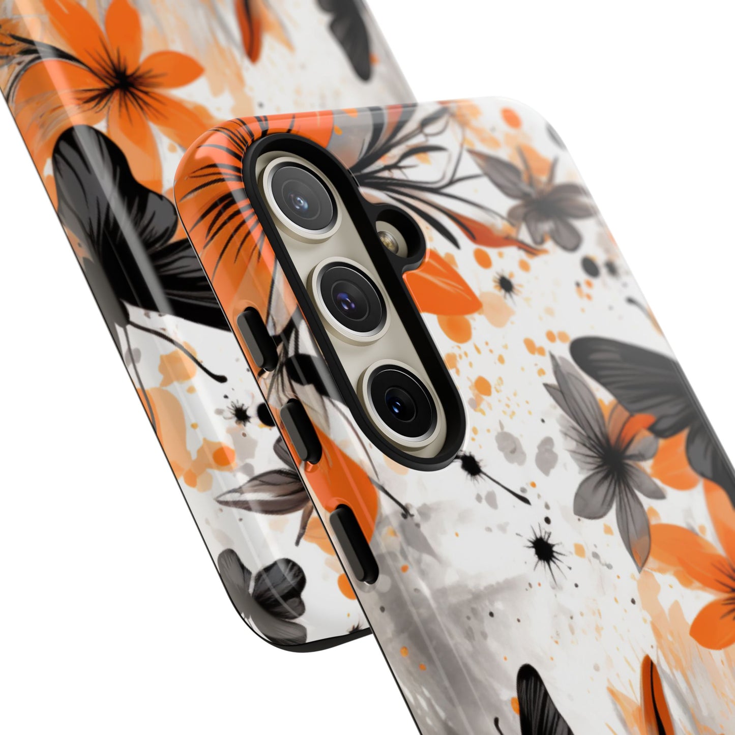 Orange Blossom & Black Butterfly Samsung Galaxy Case – Bold Floral Pattern with Modern Abstract Style