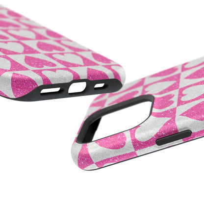 Pink Glitter Heart Checkered Pattern MagSafe Case