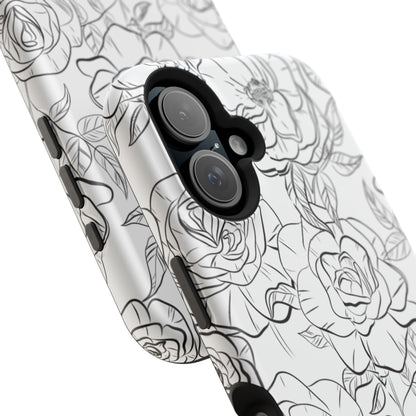 Monochrome Rose Garden Tough MagSafe iPhone Case – Elegant Floral Line Art with Dual-Layer Protection