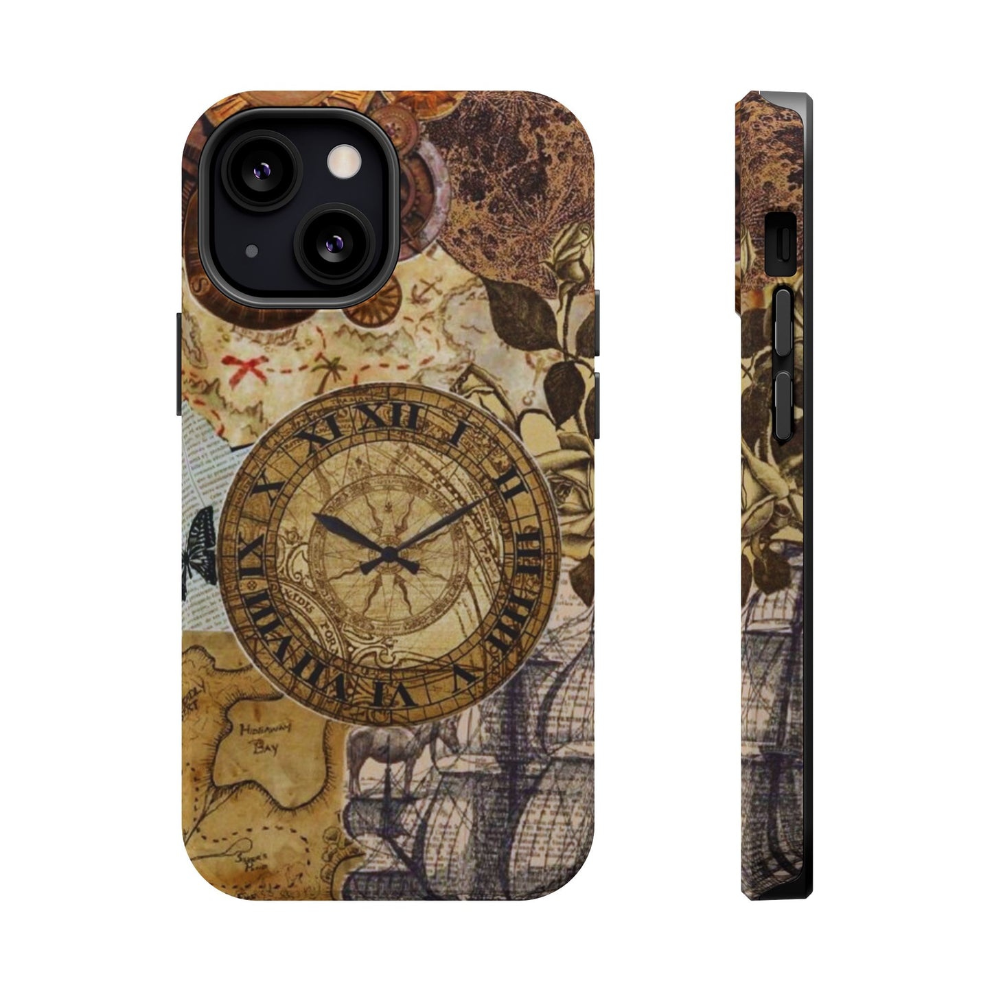 Steampunk Vintage Adventure MagSafe iPhone Case – Dual-Layer Protection with Antique Map and Clock Design