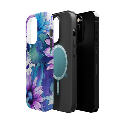 Purple & Teal Watercolor Floral MagSafe iPhone Case - Artistic Flower Design