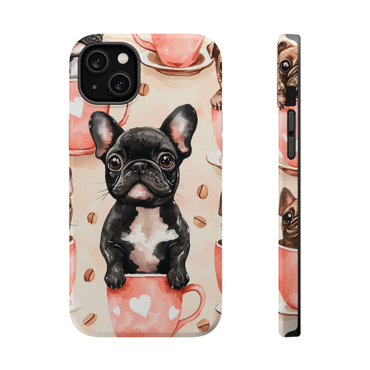 French Bulldogs in Coffee Cup MagSafe iPhone Case – Cute Dog Art, Shockproof & Slim Design