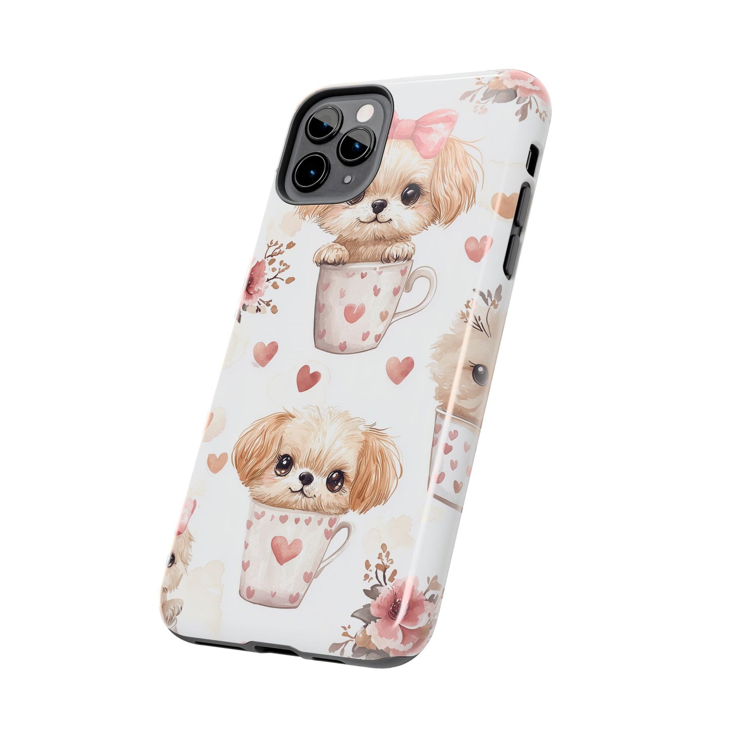 Cute Puppies in Heart Mugs iPhone Case – Adorable Dog & Floral Design, Shockproof & Slim - BOGO Cases