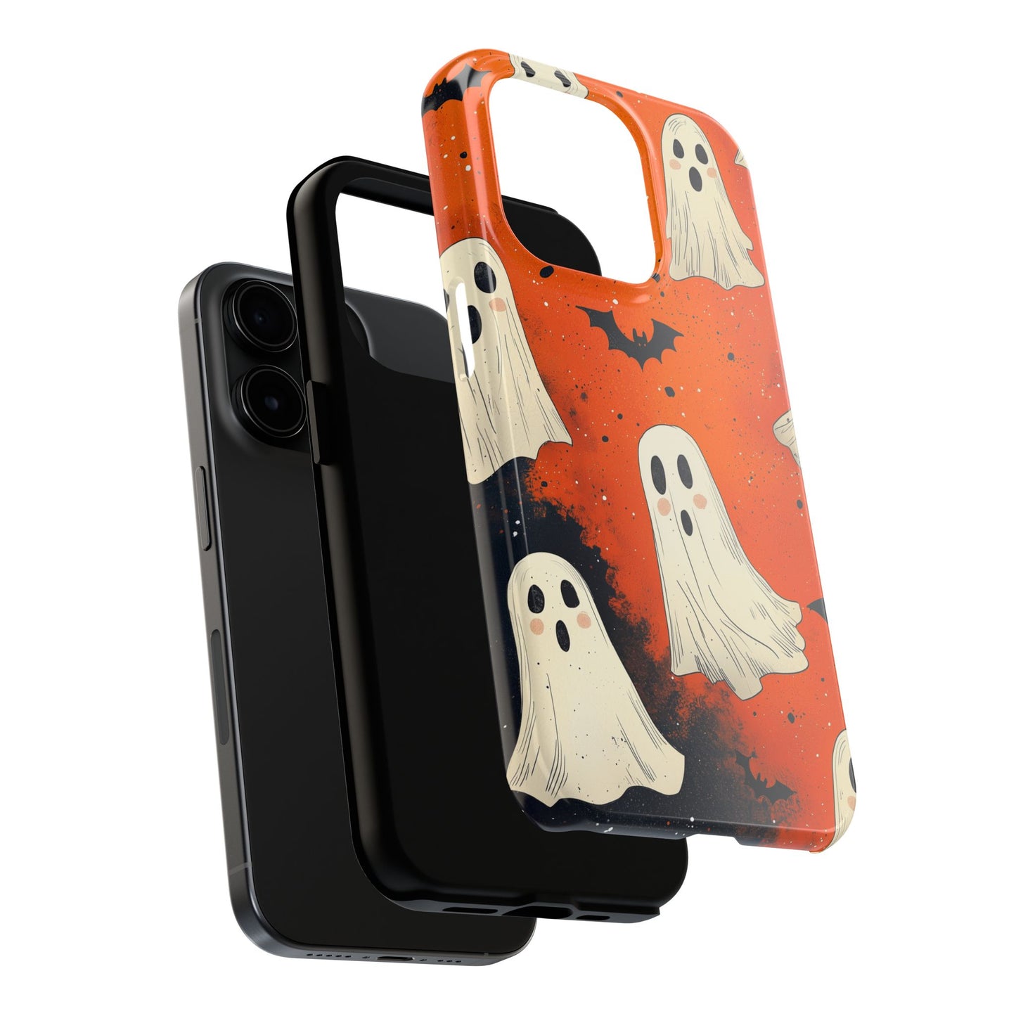 Spooky Ghosts & Bats iPhone Case – Vibrant Orange Halloween Design