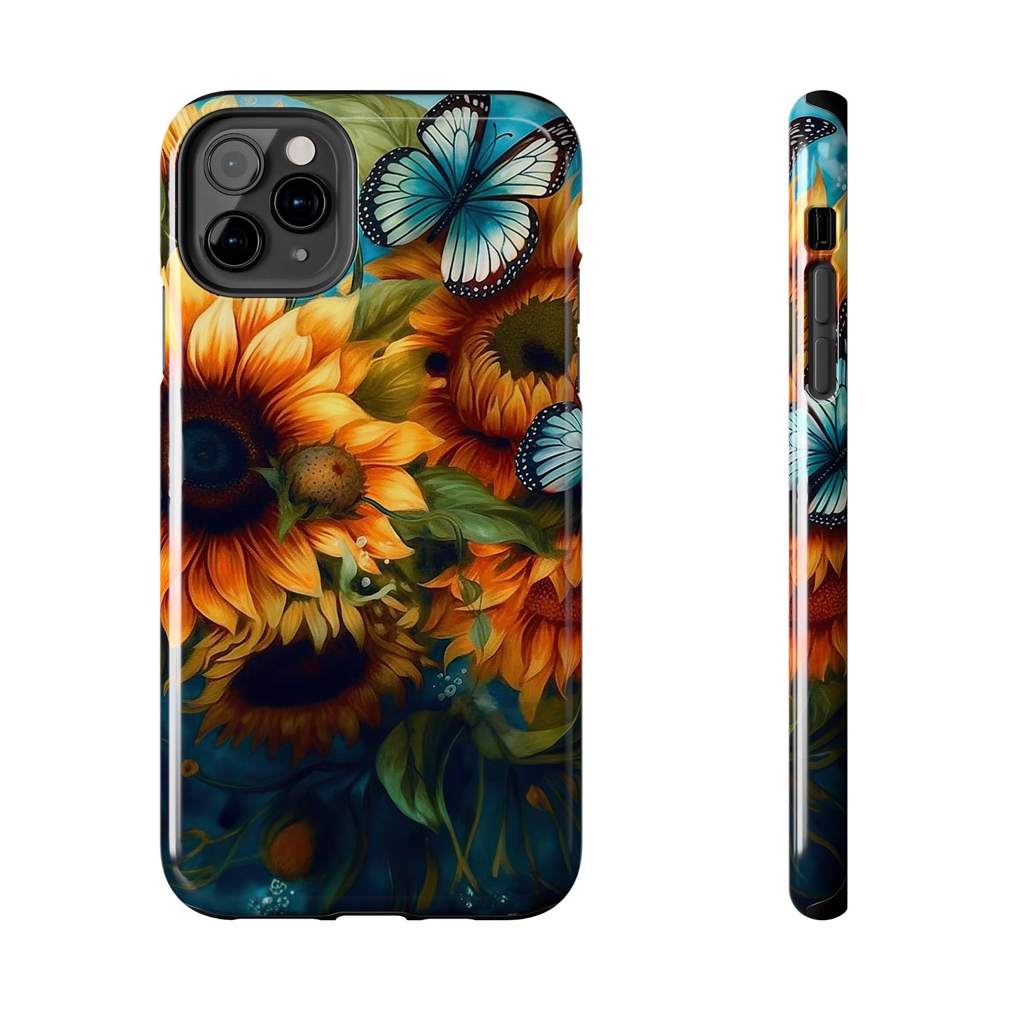 Aqua Blue Butterfly & Sunflower Art – iPhone Case