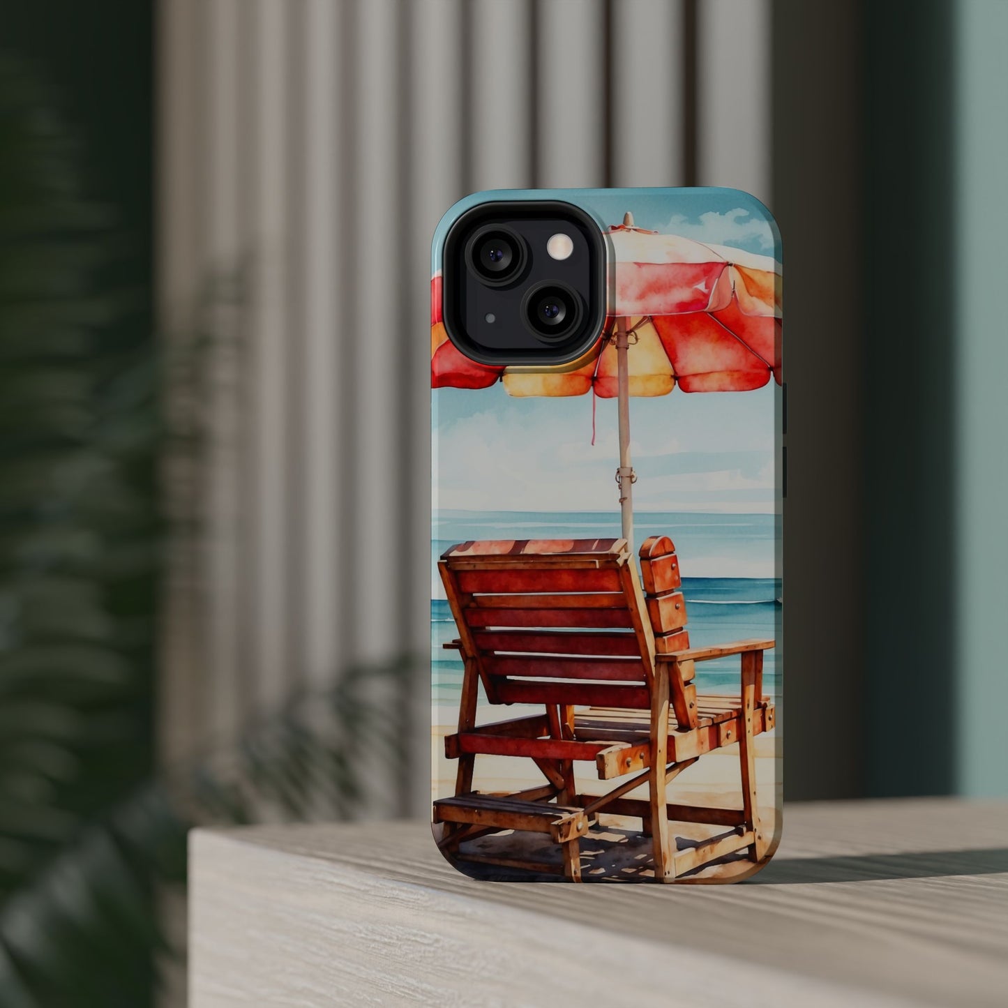 Beachfront Sunset Lounge MagSafe iPhone Case – Vibrant Watercolor Design