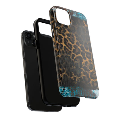 Boho Leopard and Turquoise Tough iPhone Case – Rustic Western Design with Dual-Layer Protection