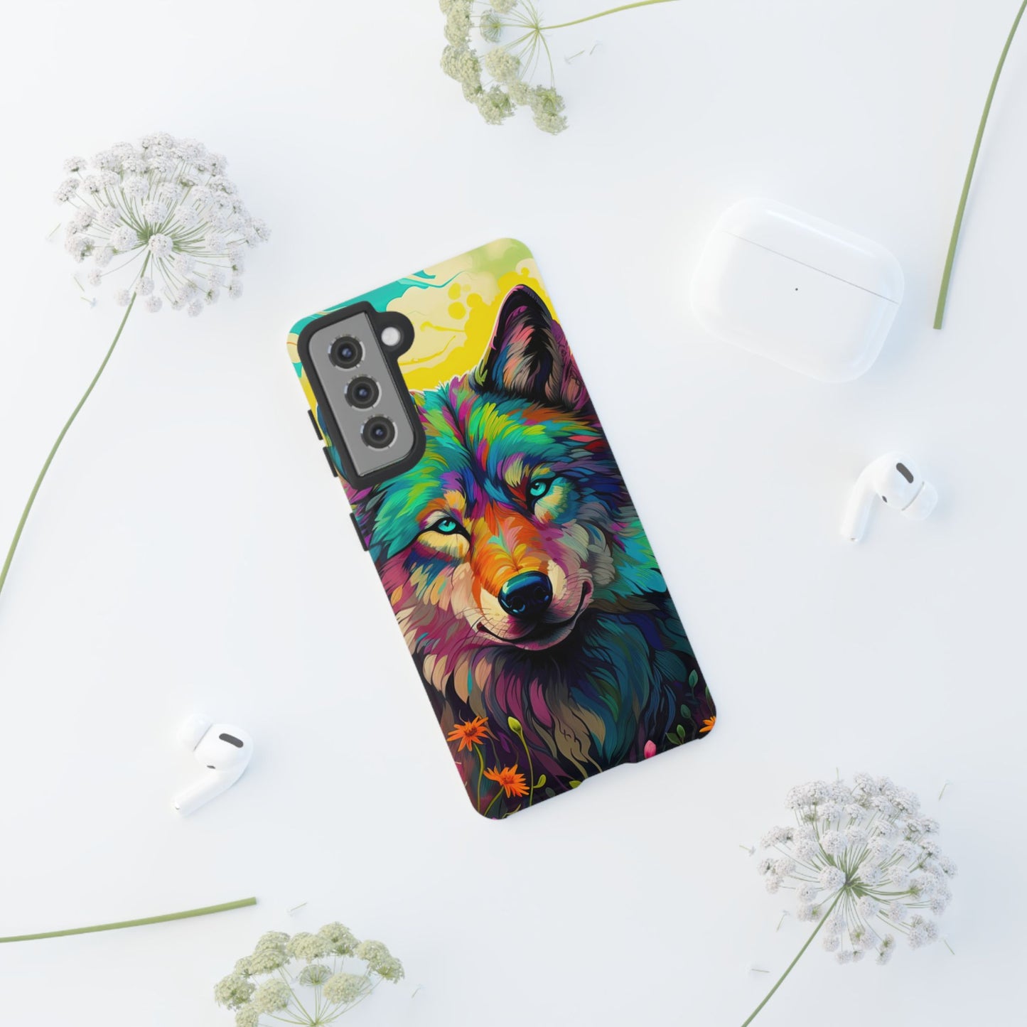 Rainbow Wolf in Bloom – Samsung Galaxy Case with Vivid Nature Design