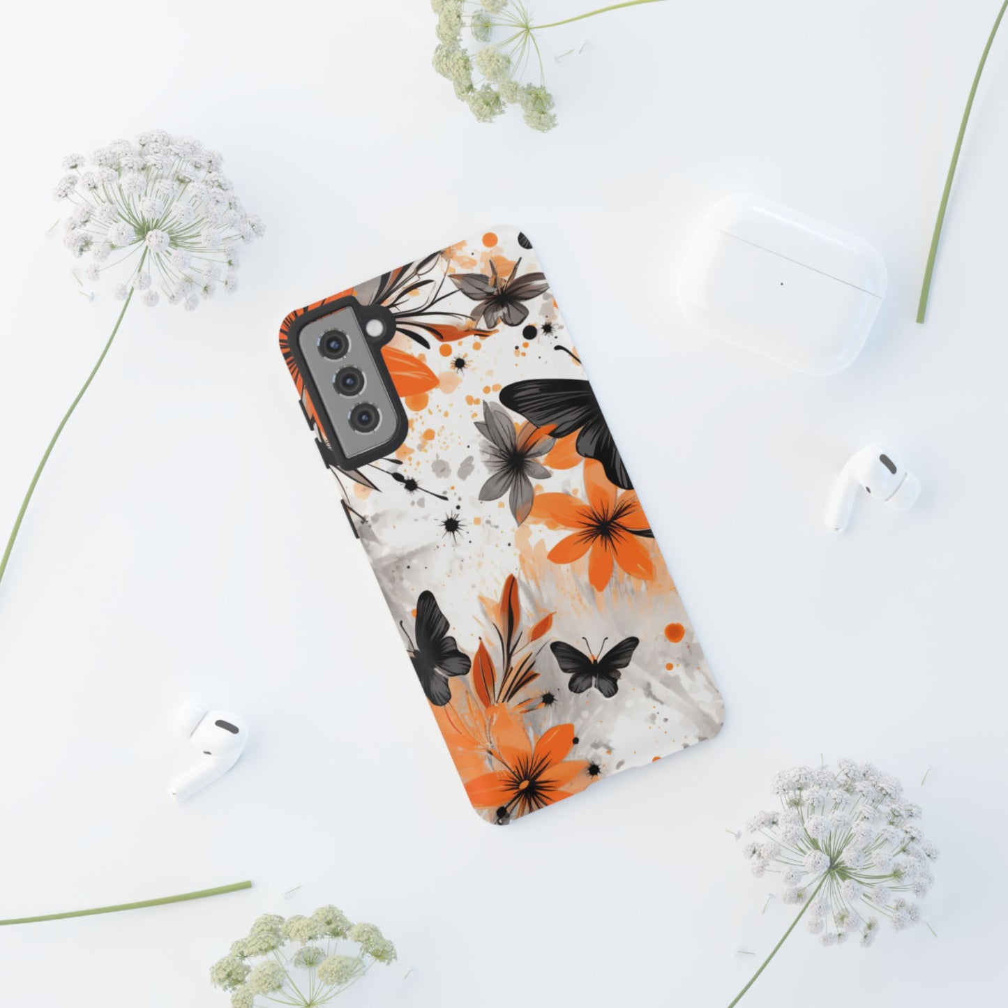 Orange Blossom & Black Butterfly Samsung Galaxy Case – Bold Floral Pattern with Modern Abstract Style