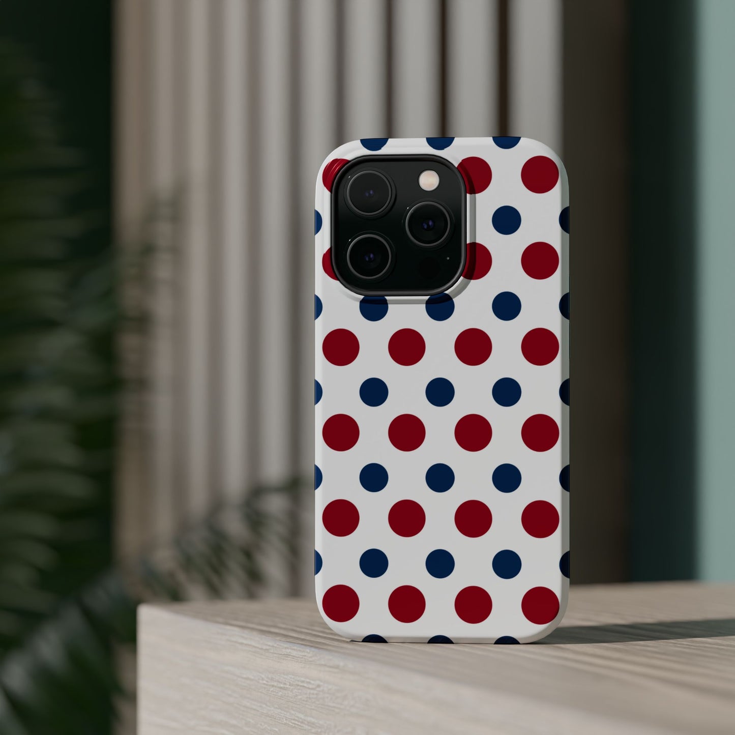 Patriotic Navy, White, and Red Polka Dot MagSafe iPhone Case