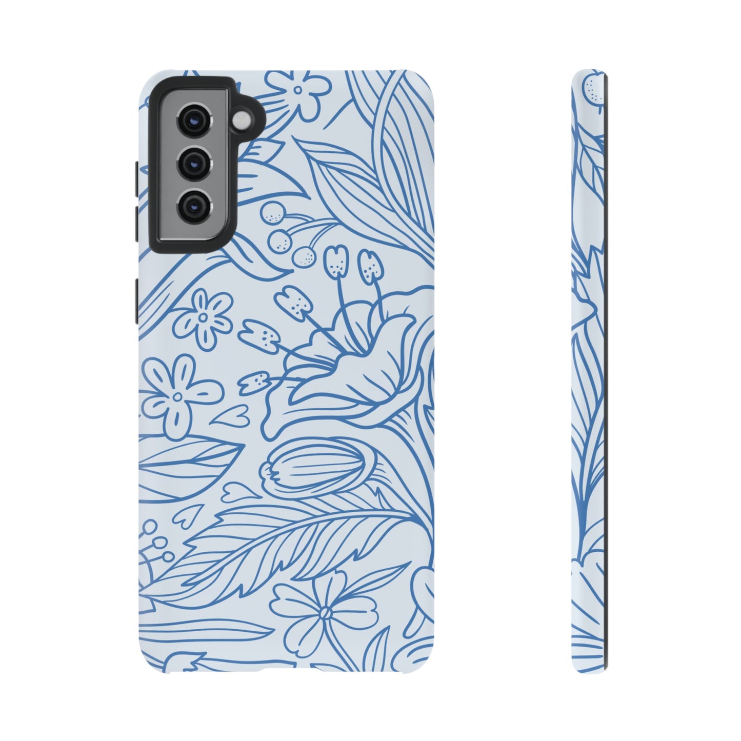 Dusty Blue Floral Line Art Tough Samsung Galaxy Case – Minimalist Botanical Design with Dual-Layer Protection