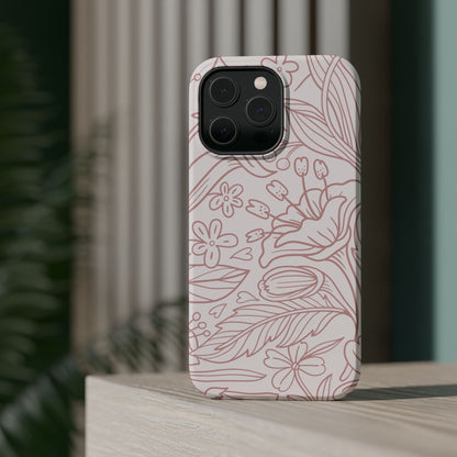 Blush Floral Line Art Tough MagSafe iPhone Case – Delicate Minimalist Design with Dual-Layer Protection