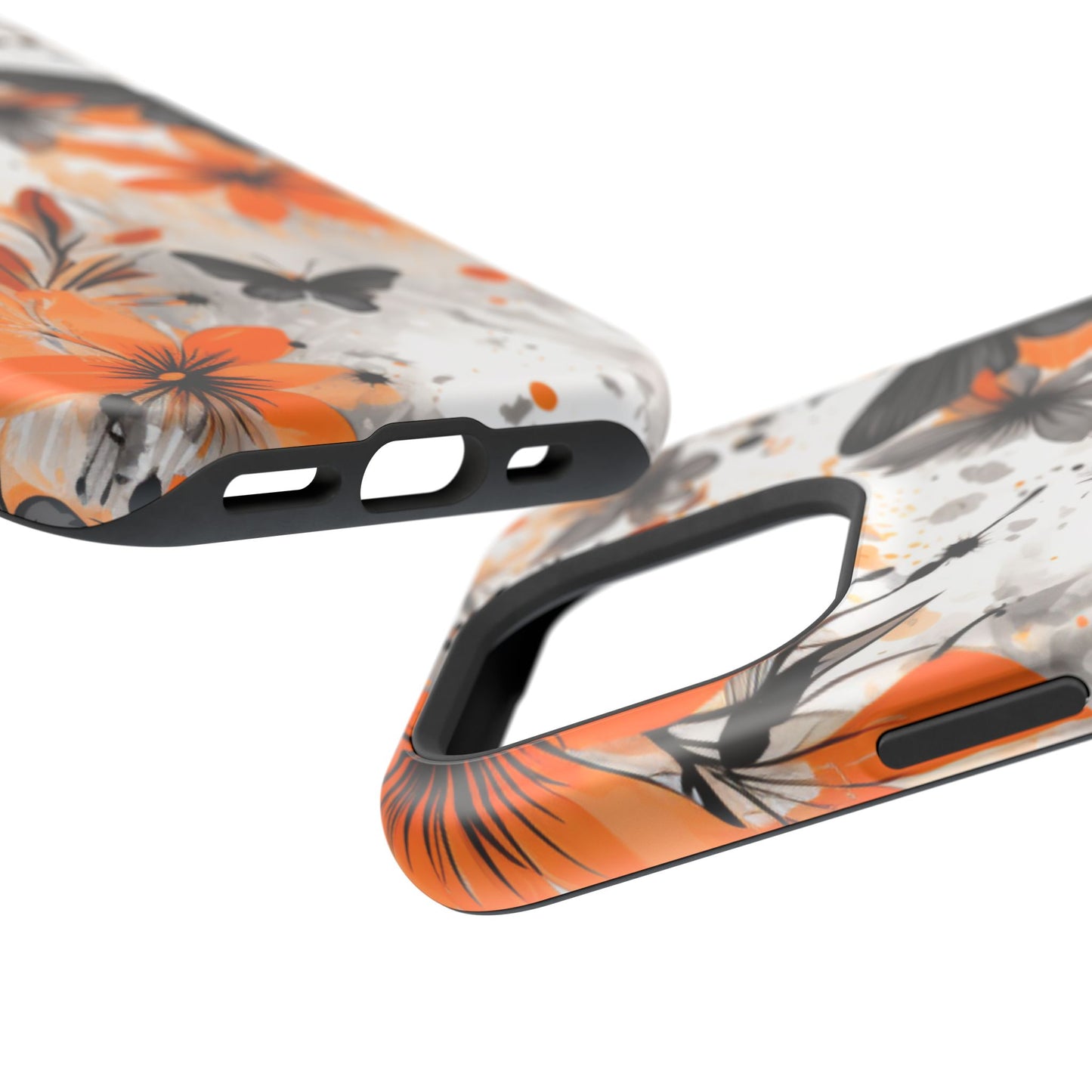 Orange Blossom & Black Butterfly MagSafe iPhone Case – Bold Floral Pattern with Modern Abstract Style