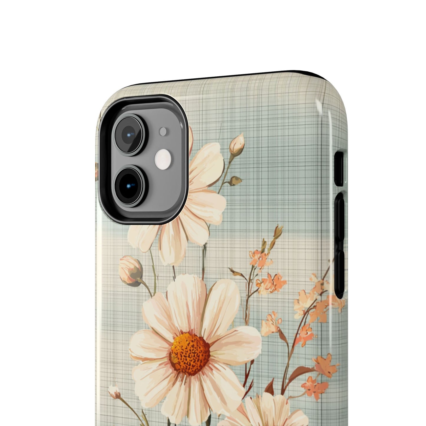 Vintage Plaid & Daisy Floral Tough iPhone Case – Dual-Layer Protection with Retro Flower Design