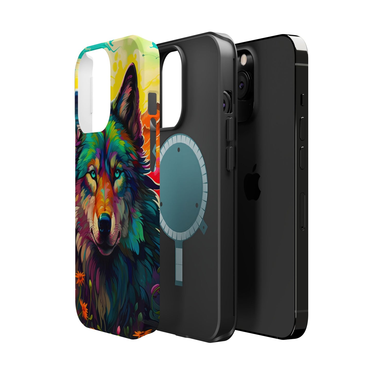 Rainbow Wolf in Bloom – MagSafe iPhone Case with Nature-Inspired Design