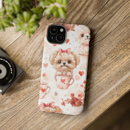 Puppies & Heart Mugs MagSafe iPhone Case – Sweet Dog & Floral Design, Shockproof & Slim