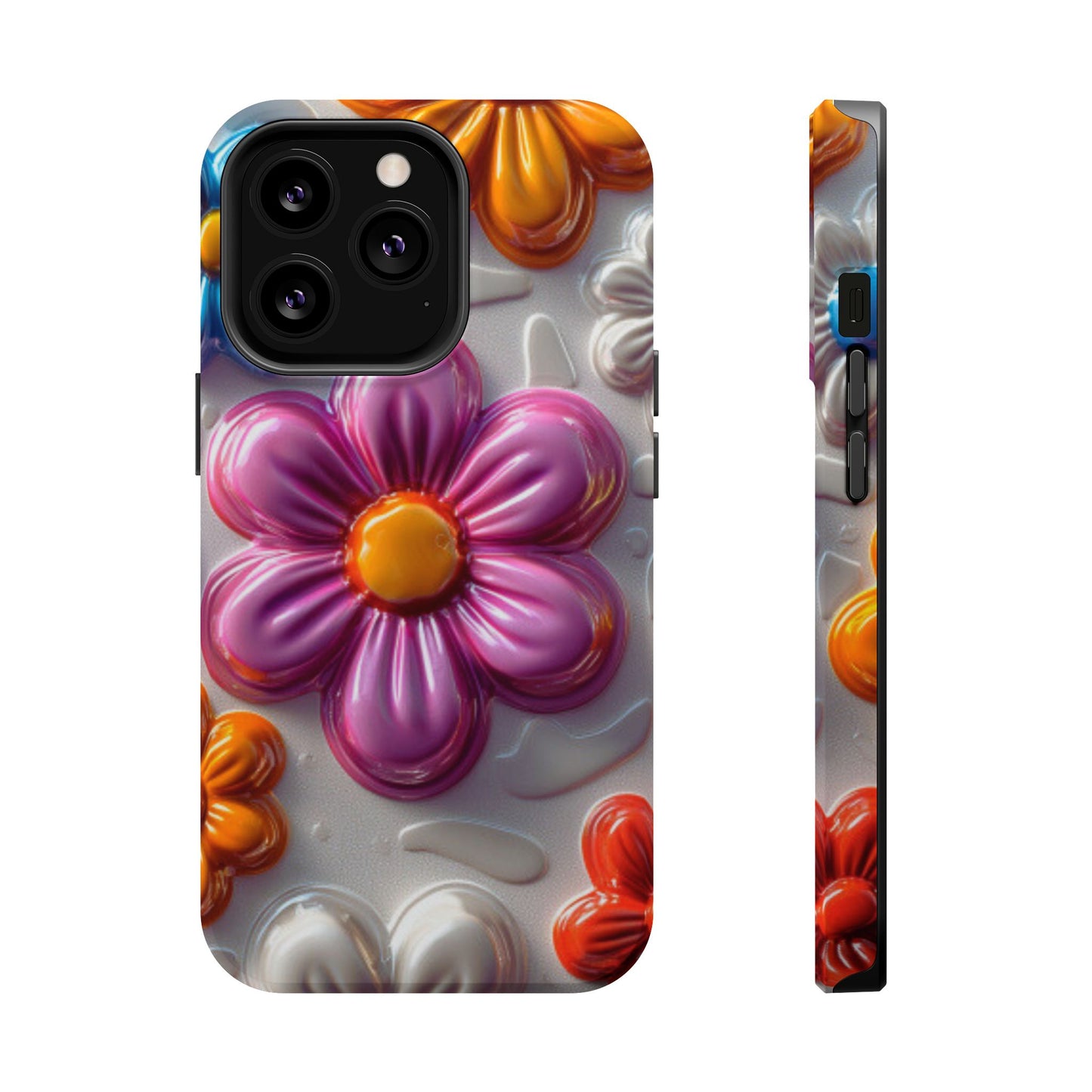 Glossy 3D Floral MagSafe iPhone Case – Colorful Flower Pattern, Durable Protection