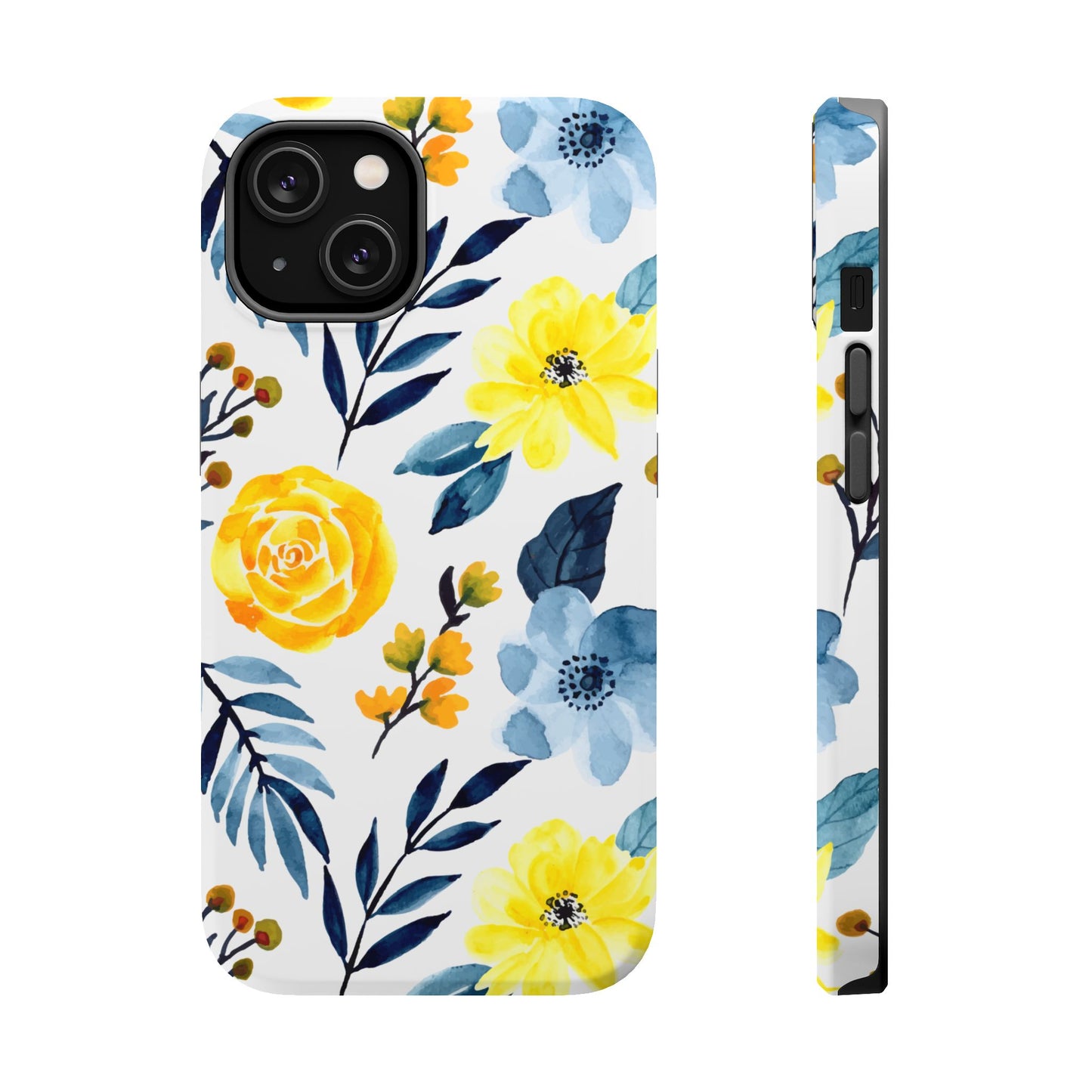 Golden Yellow & Sky Blue Floral – Watercolor Botanical MagSafe iPhone Case