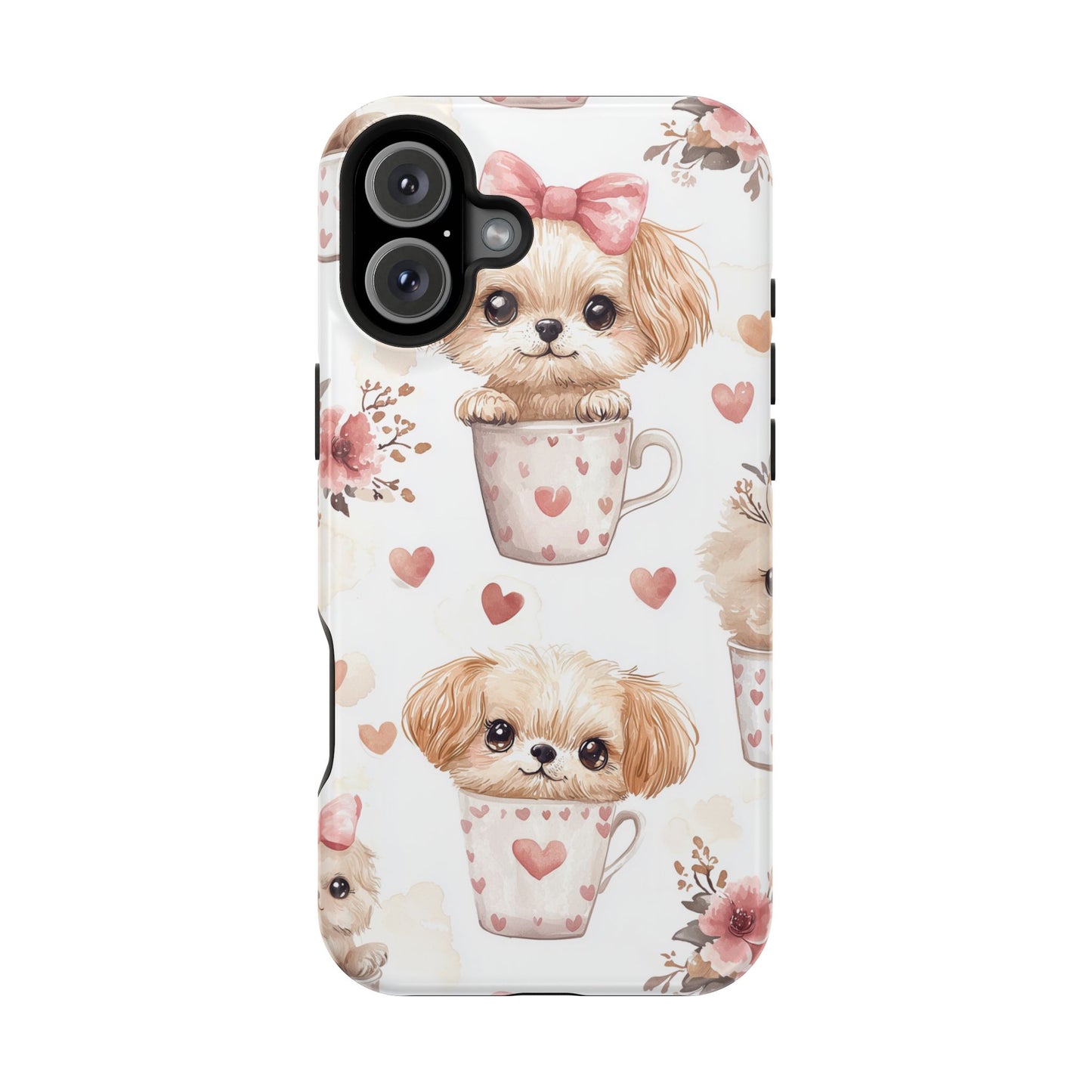 Cute Puppies in Heart MagSafe iPhone Case – Adorable Dog & Floral Design, Shockproof & Slim