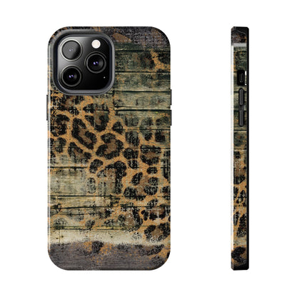 Rustic Wood and Leopard Print Tough iPhone Case – Distressed Western Design with Dual-Layer Protection