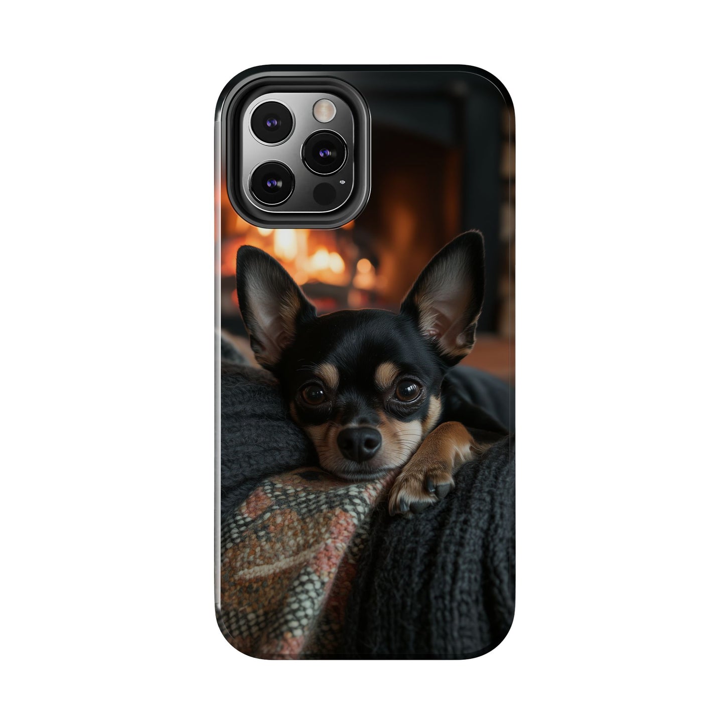 Cozy Chihuahua Fireplace iPhone Case – Warm and Stylish Design