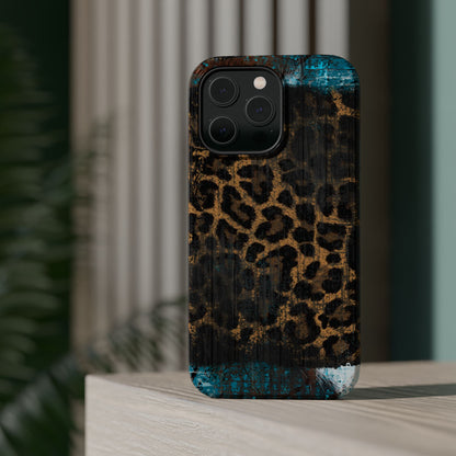 Boho Leopard and Turquoise Tough MagSafe iPhone Case – Rustic Western Design with Dual-Layer Protection