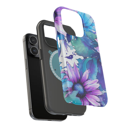 Purple & Teal Watercolor Floral MagSafe iPhone Case - Artistic Flower Design