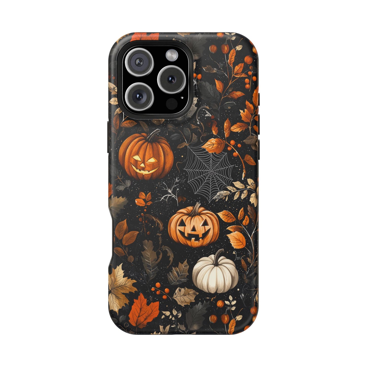 Elegant Halloween MagSafe iPhone Case – Pumpkin Jack-o'-Lanterns, Cobwebs & Autumn Foliage Design