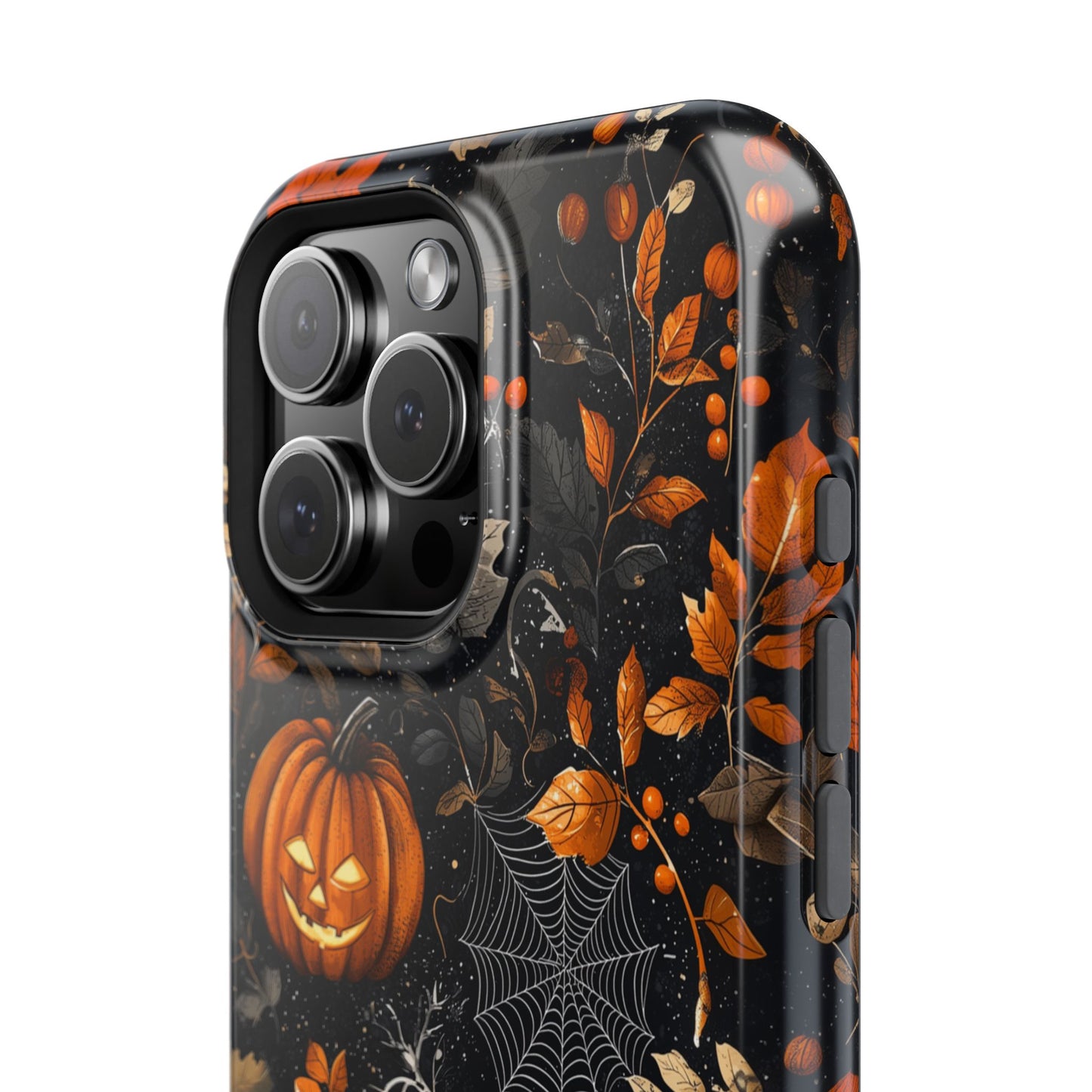 Elegant Halloween MagSafe iPhone Case – Pumpkin Jack-o'-Lanterns, Cobwebs & Autumn Foliage Design