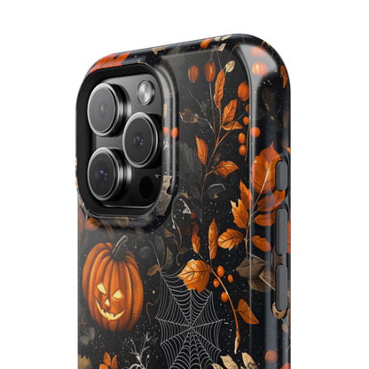 Elegant Halloween MagSafe iPhone Case – Pumpkin Jack-o'-Lanterns, Cobwebs & Autumn Foliage Design