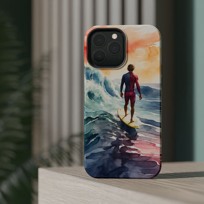 Surfer’s Sunset Wave MagSafe iPhone Case – Vibrant Watercolor Design