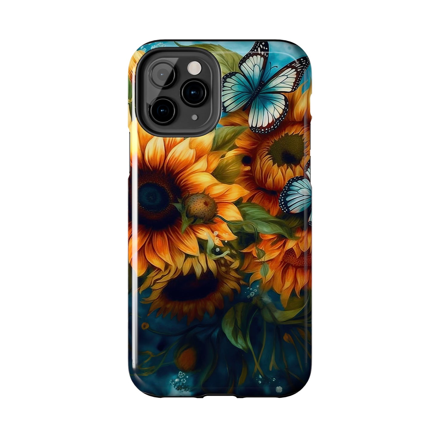 Aqua Blue Butterfly & Sunflower Art – iPhone Case