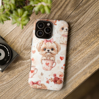 Puppies & Heart Mugs MagSafe iPhone Case – Sweet Dog & Floral Design, Shockproof & Slim