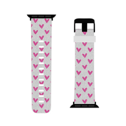 Pink Hearts on Glitter Silver Apple Watch Band