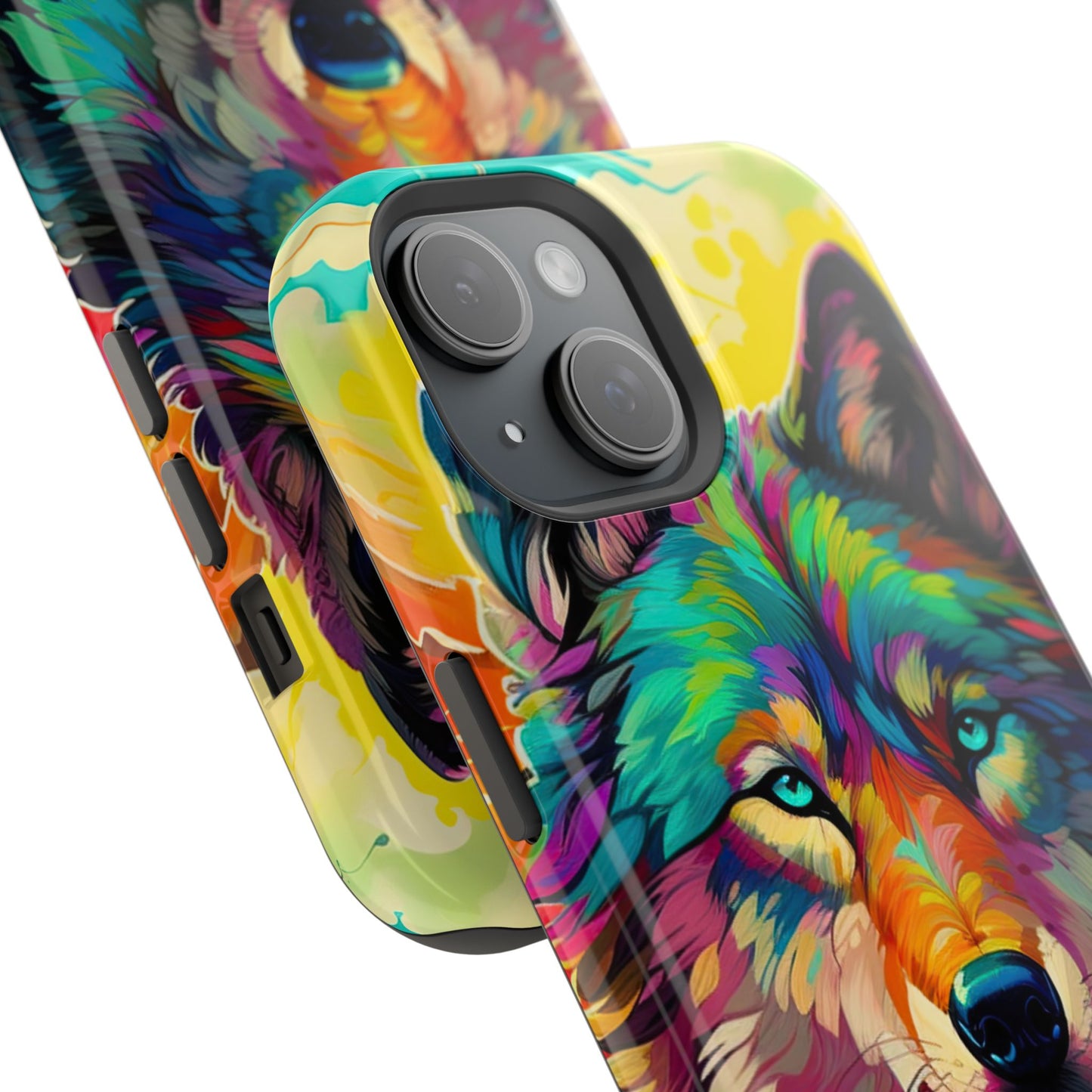 Rainbow Wolf in Bloom – MagSafe iPhone Case with Nature-Inspired Design