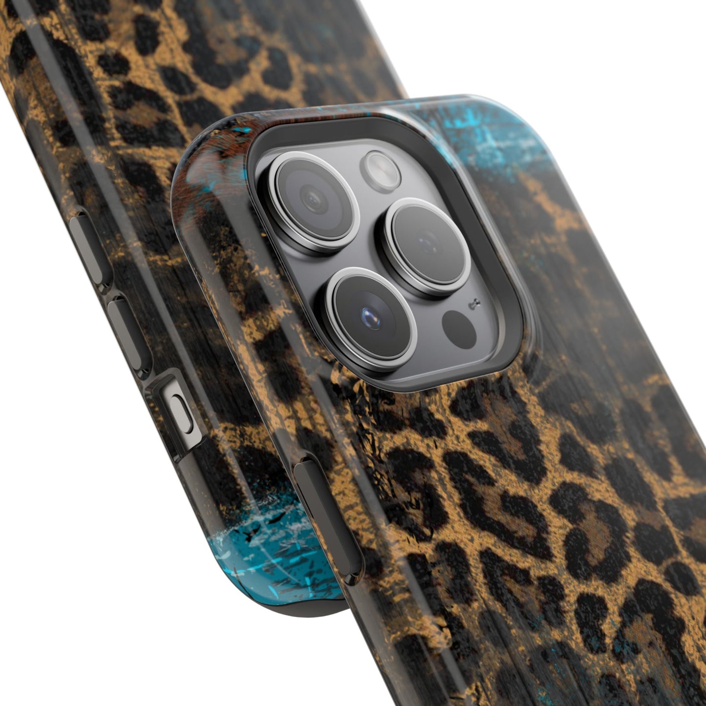 Boho Leopard and Turquoise Tough MagSafe iPhone Case – Rustic Western Design with Dual-Layer Protection