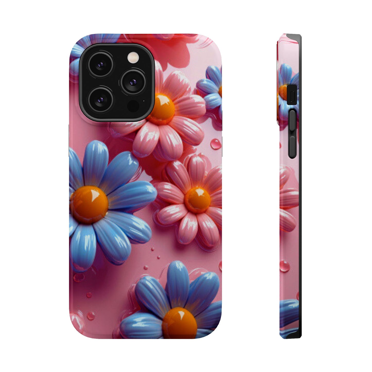 Pastel Daisy 3D MagSafe iPhone Case – Glossy Pink and Blue Floral Design, Full Protection